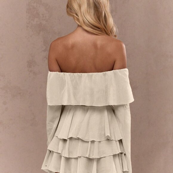 Apricot Boho Women's Flared Long Sleeves Ruffle Detail Bardot Crop Top - Picture 2 of 4